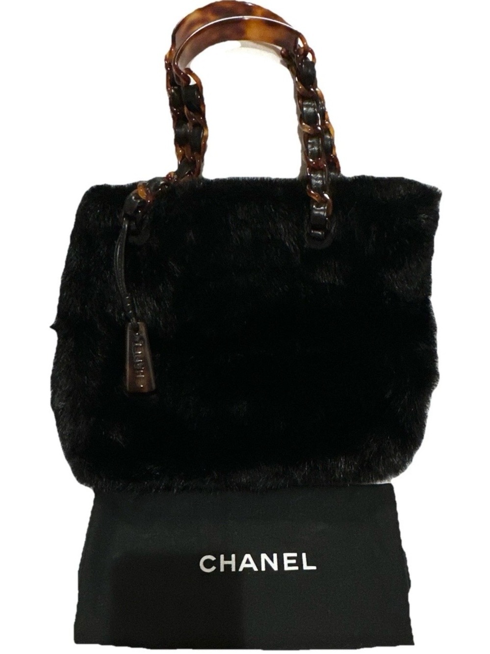 CHANEL Black Faux Fur Tote with Tortoiseshell Chain Handles - Picture 2 of 9